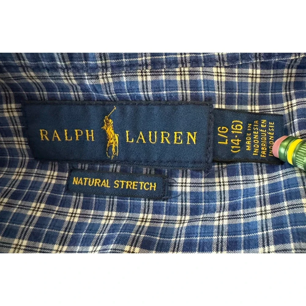 Ralph Lauren‎ Natural Stretch Boys Long Sleeve Button Shirt Blue Plaid 14 16